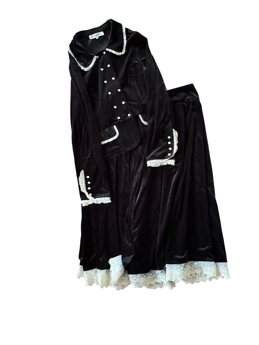 Simple Retro Black Velvet Lace Trim Skirt Set Coquette Goth M